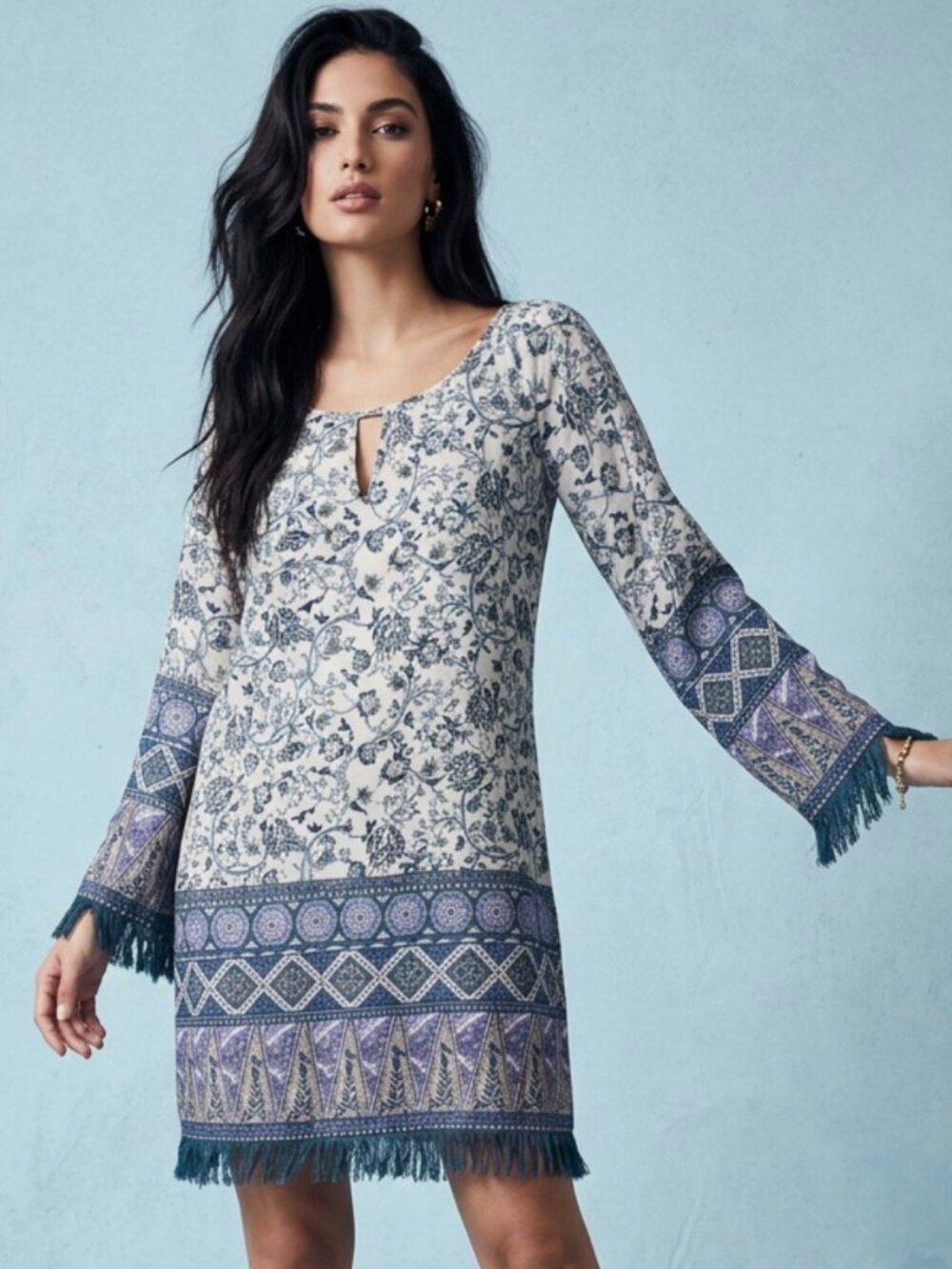 EN CREME Boho Patterned Long Sleeve Mini Shift Dress Sz M